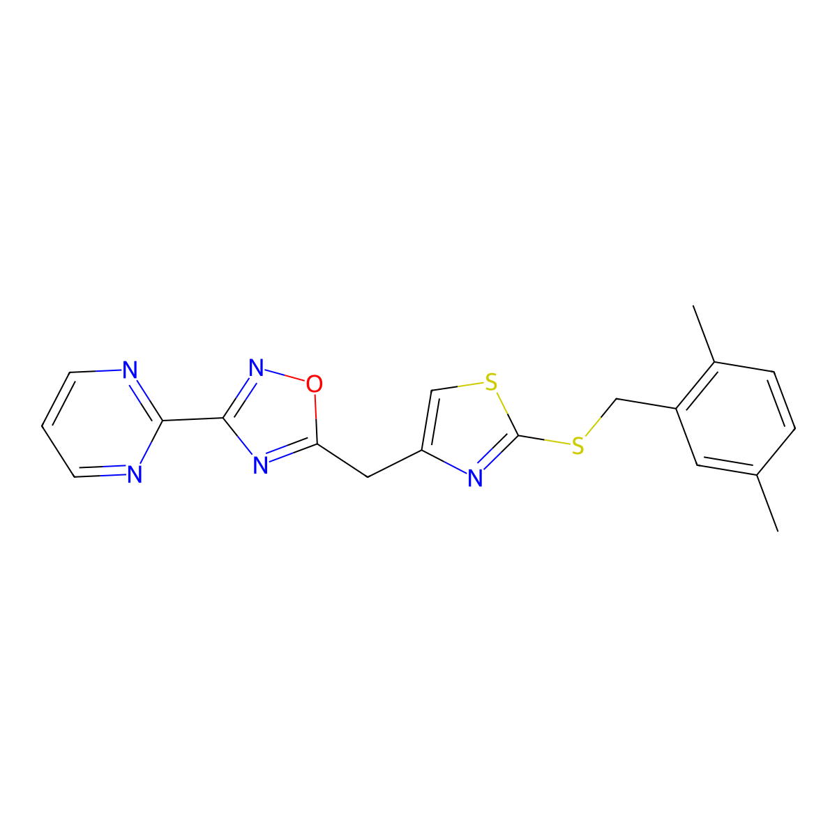 5-((2-((2,5-Dimethylbenzyl)thio)thiazol-4-yl)methyl)-3-(pyrimidin-2-yl)-1,2,4-oxadiazole molecular structure, CAS 1351618-69-3