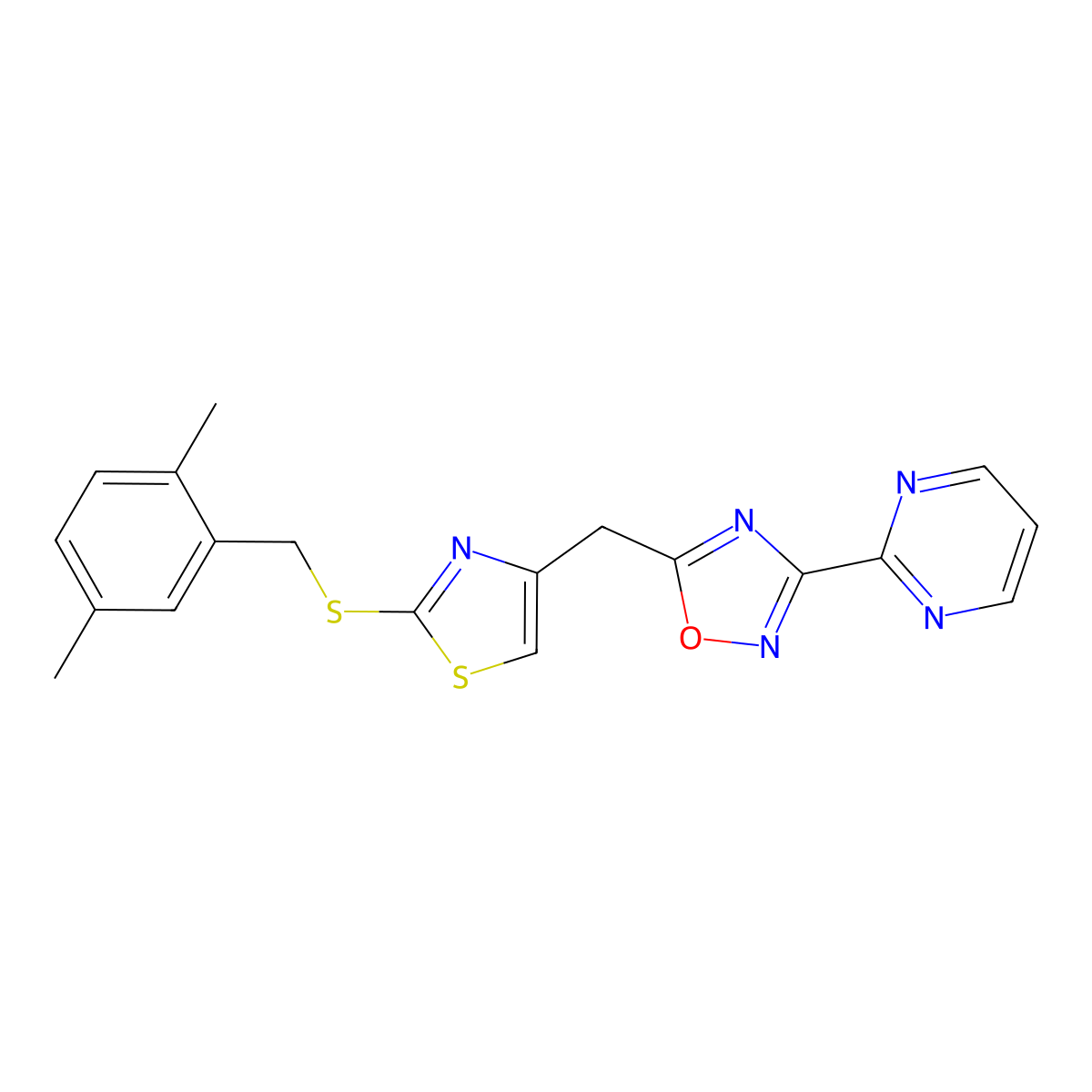 5-((2-((2,5-Dimethylbenzyl)thio)thiazol-4-yl)methyl)-3-(pyrimidin-2-yl)-1,2,4-oxadiazole molecular structure, CAS 1351618-69-3