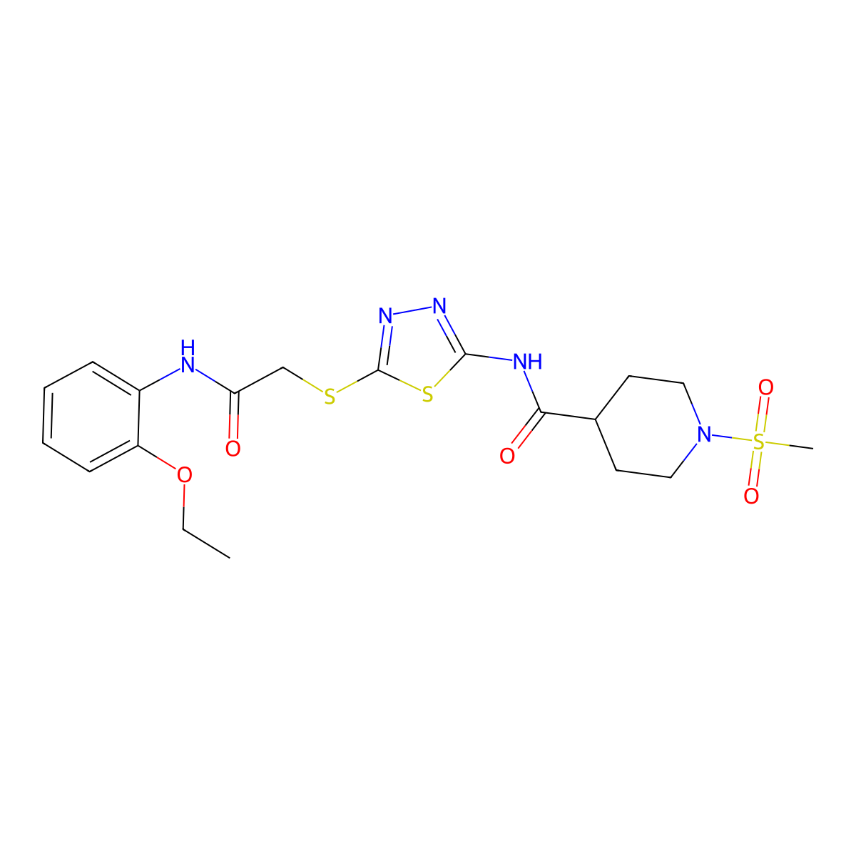 N-(5-((2-((2-ethoxyphenyl)amino)-2-oxoethyl)thio)-1,3,4-thiadiazol-2-yl)-1-(methylsulfonyl)piperidine-4-carboxamide molecular structure, CAS 1351618-76-2