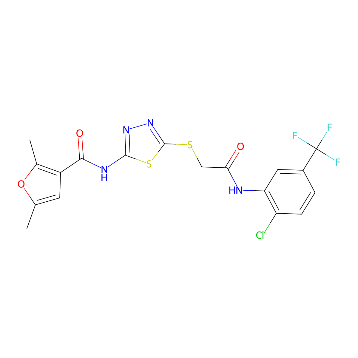 N-(5-((2-((2-chloro-5-(trifluoromethyl)phenyl)amino)-2-oxoethyl)thio)-1,3,4-thiadiazol-2-yl)-2,5-dimethylfuran-3-carboxamide molecular structure, CAS 1351618-85-3