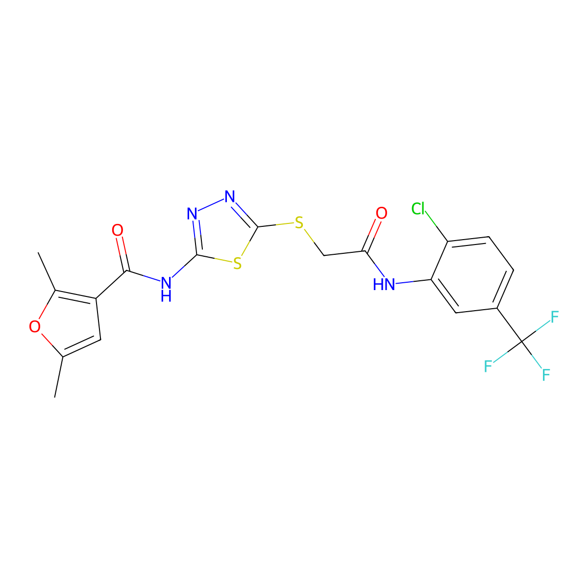 N-(5-((2-((2-chloro-5-(trifluoromethyl)phenyl)amino)-2-oxoethyl)thio)-1,3,4-thiadiazol-2-yl)-2,5-dimethylfuran-3-carboxamide molecular structure, CAS 1351618-85-3