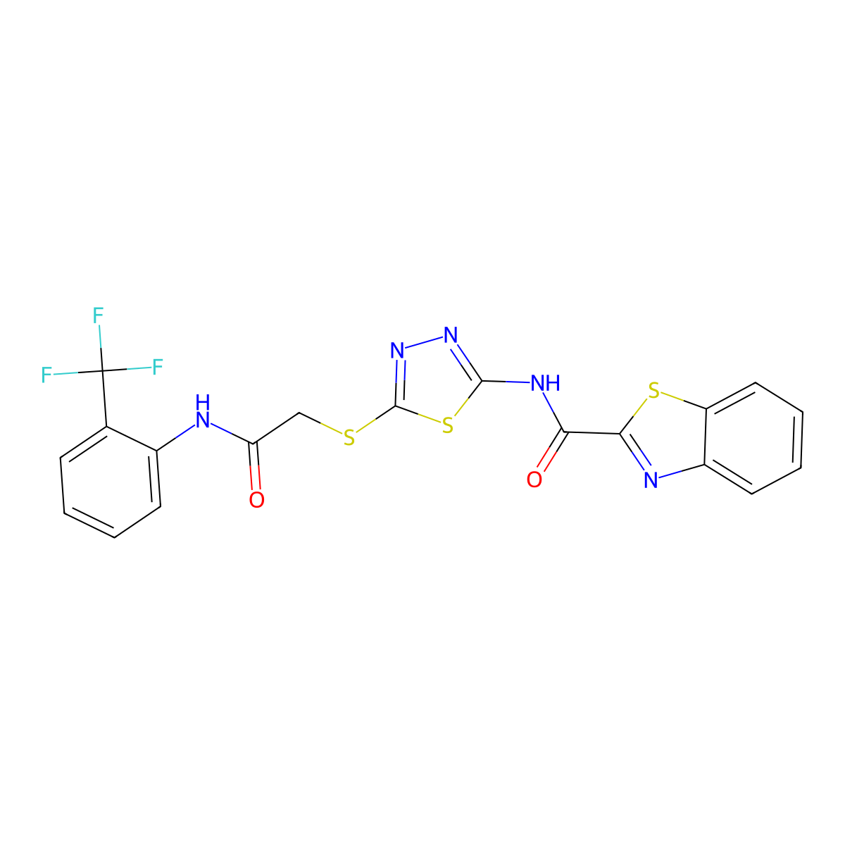 N-(5-((2-oxo-2-((2-(trifluoromethyl)phenyl)amino)ethyl)thio)-1,3,4-thiadiazol-2-yl)benzo[d]thiazole-2-carboxamide molecular structure, CAS 1351618-93-3