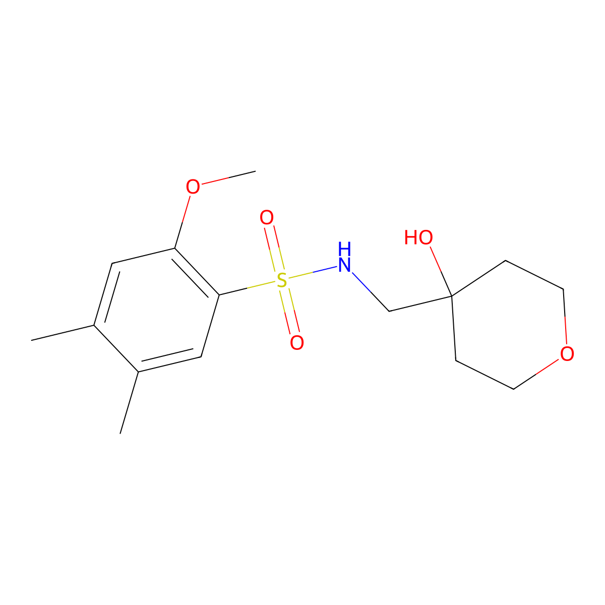 N-((4-hydroxytetrahydro-2H-pyran-4-yl)methyl)-2-methoxy-4,5-dimethylbenzenesulfonamide molecular structure, CAS 1351619-17-4