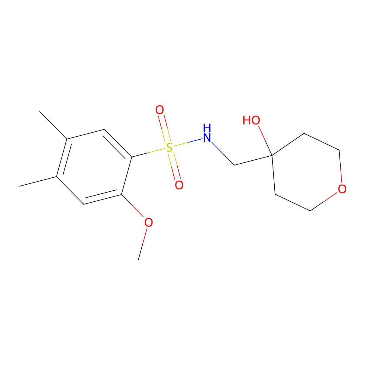 N-((4-hydroxytetrahydro-2H-pyran-4-yl)methyl)-2-methoxy-4,5-dimethylbenzenesulfonamide molecular structure, CAS 1351619-17-4