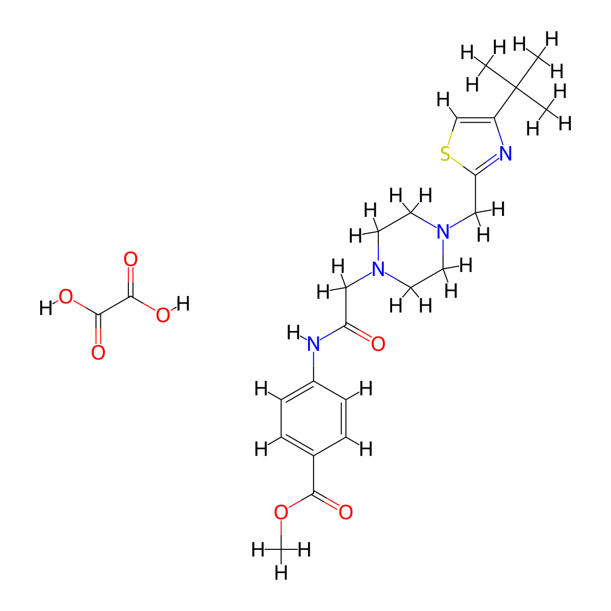 Methyl 4-(2-(4-((4-(tert-butyl)thiazol-2-yl)methyl)piperazin-1-yl)acetamido)benzoate oxalate molecular structure, CAS 1351619-18-5