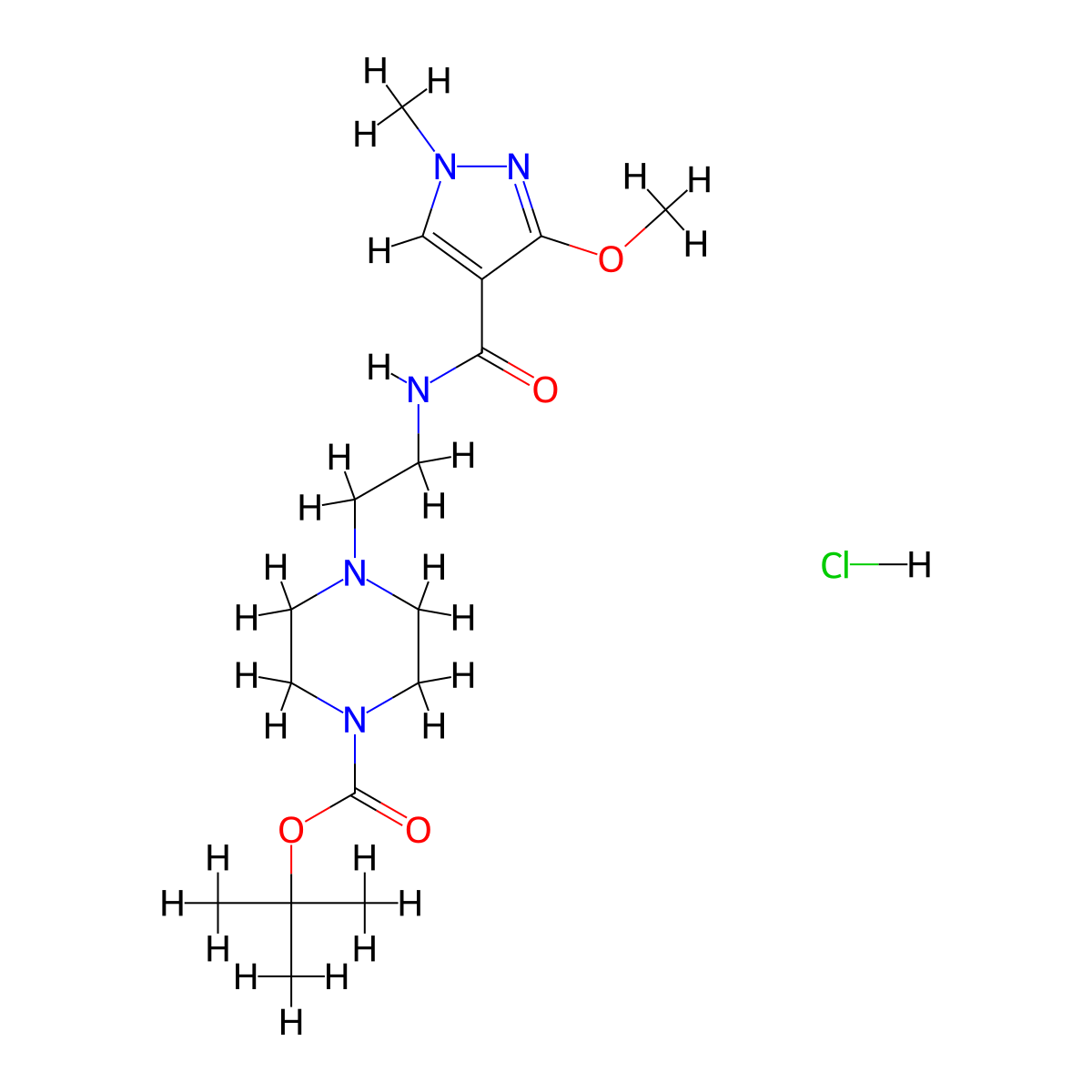 tert-butyl 4-(2-(3-methoxy-1-methyl-1H-pyrazole-4-carboxamido)ethyl)piperazine-1-carboxylate hydrochloride molecular structure, CAS 1351619-19-6
