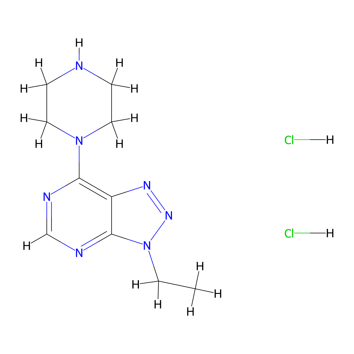 3-ethyl-7-piperazin-1-yl-3H-[1,2,3]triazolo[4,5-d]pyrimidine dihydrochloride molecular structure, CAS 1351619-32-3