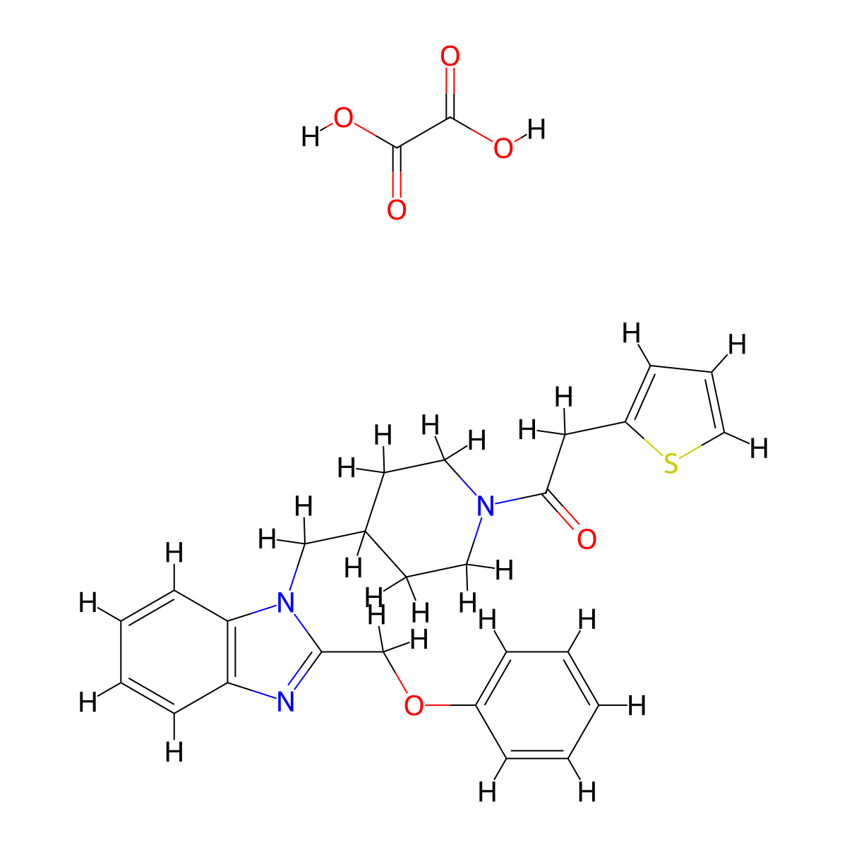 1-(4-((2-(phenoxymethyl)-1H-benzo[d]imidazol-1-yl)methyl)piperidin-1-yl)-2-(thiophen-2-yl)ethanone oxalate molecular structure, CAS 1351619-41-4