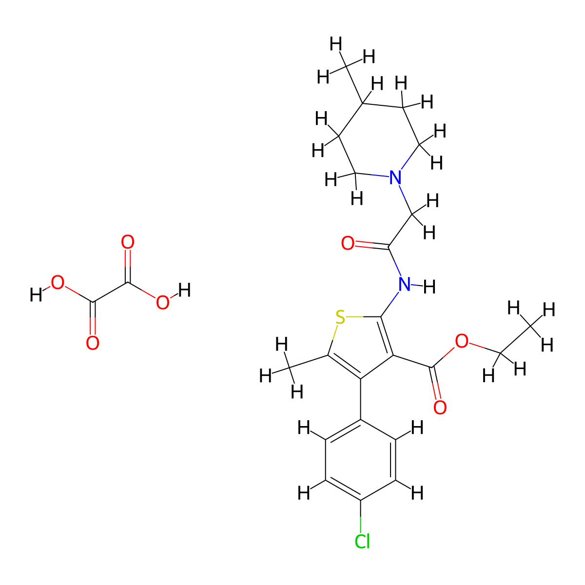 Ethyl 4-(4-chlorophenyl)-5-methyl-2-(2-(4-methylpiperidin-1-yl)acetamido)thiophene-3-carboxylate oxalate molecular structure, CAS 1351619-84-5