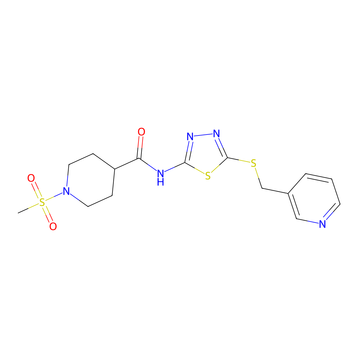 1-(methylsulfonyl)-N-(5-((pyridin-3-ylmethyl)thio)-1,3,4-thiadiazol-2-yl)piperidine-4-carboxamide molecular structure, CAS 1351619-91-4