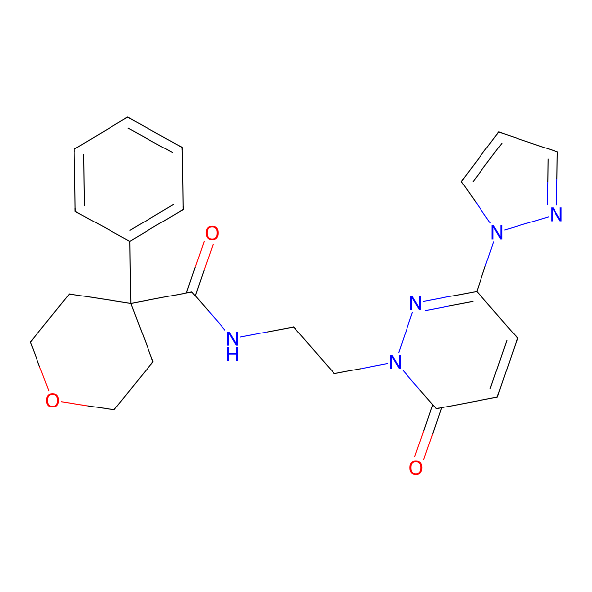 N-(2-(6-oxo-3-(1H-pyrazol-1-yl)pyridazin-1(6H)-yl)ethyl)-4-phenyltetrahydro-2H-pyran-4-carboxamide molecular structure, CAS 1351620-20-6
