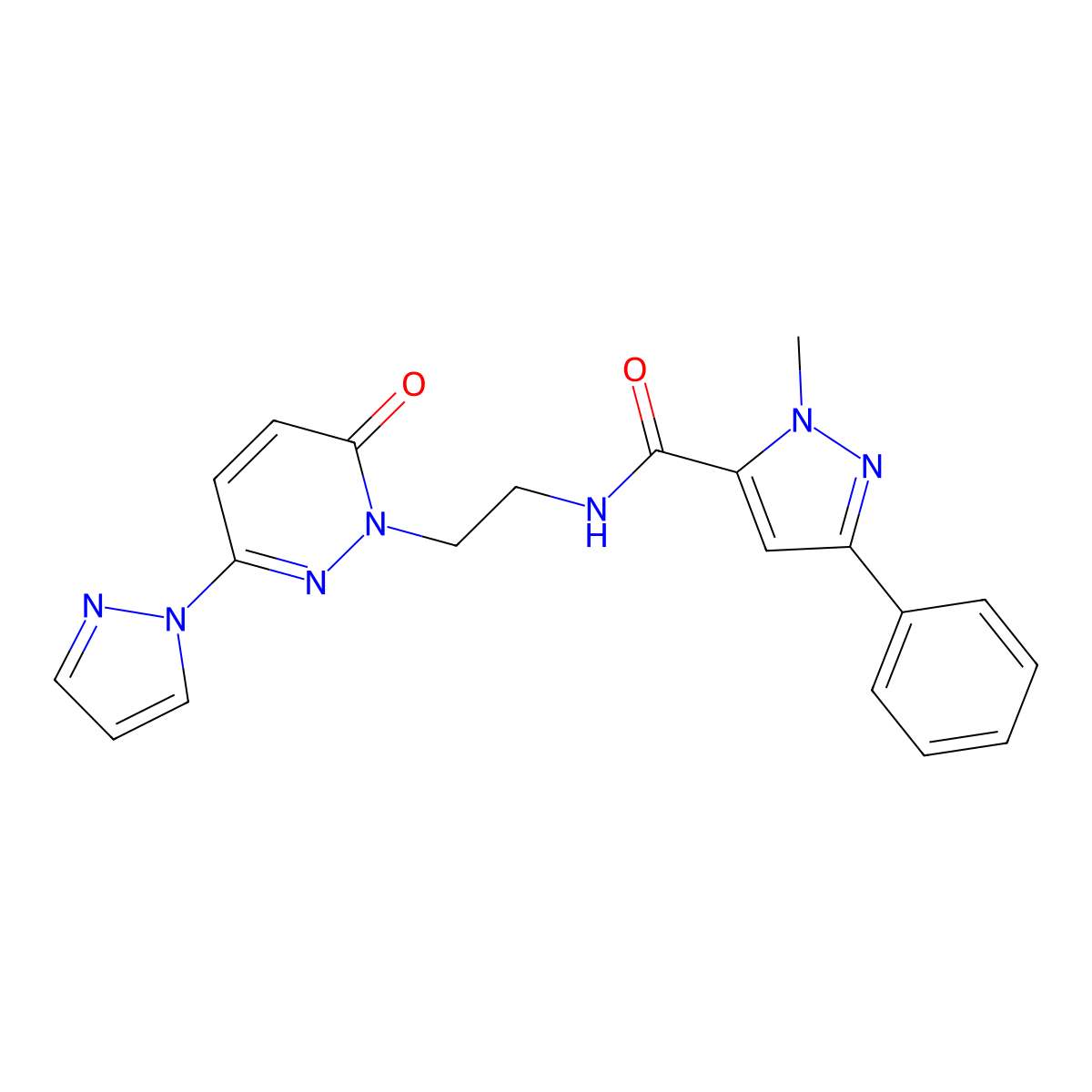 1-methyl-N-(2-(6-oxo-3-(1H-pyrazol-1-yl)pyridazin-1(6H)-yl)ethyl)-3-phenyl-1H-pyrazole-5-carboxamide molecular structure, CAS 1351620-39-7