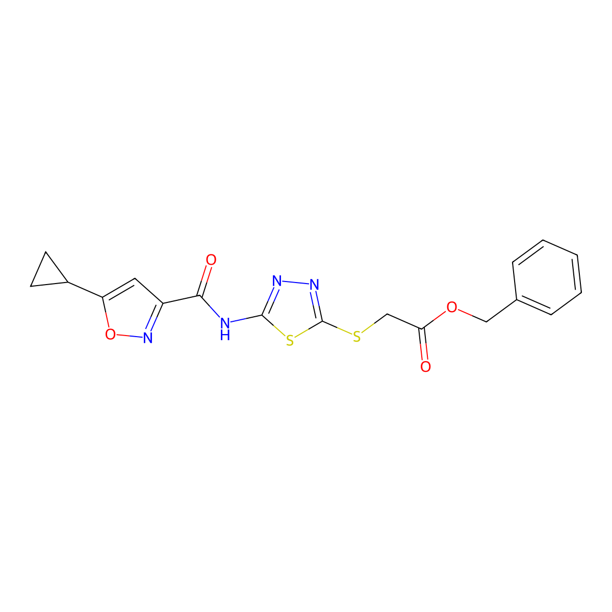 Benzyl 2-((5-(5-cyclopropylisoxazole-3-carboxamido)-1,3,4-thiadiazol-2-yl)thio)acetate molecular structure, CAS 1351620-43-3