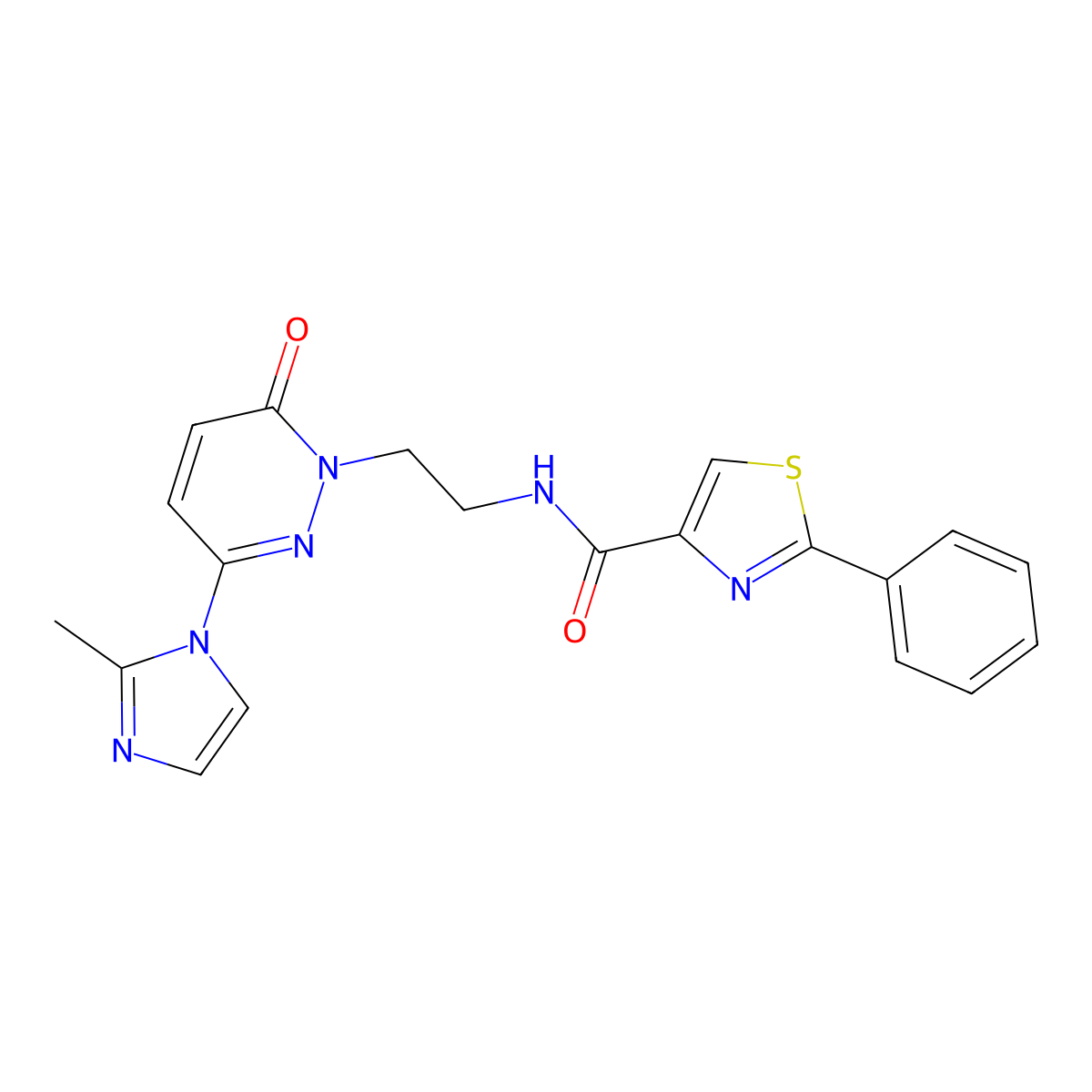 N-(2-(3-(2-methyl-1H-imidazol-1-yl)-6-oxopyridazin-1(6H)-yl)ethyl)-2-phenylthiazole-4-carboxamide molecular structure, CAS 1351620-46-6