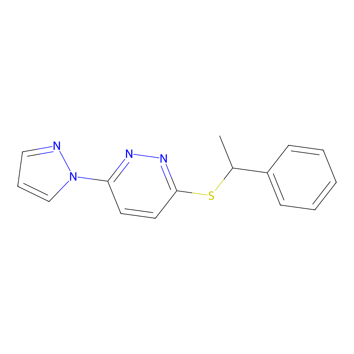 3-((1-phenylethyl)thio)-6-(1H-pyrazol-1-yl)pyridazine molecular structure, CAS 1351620-49-9