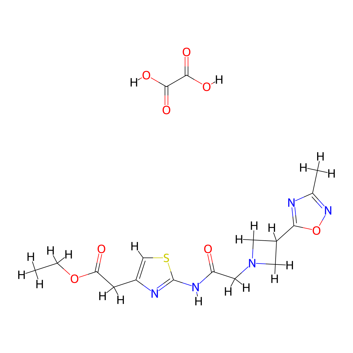 Ethyl 2-(2-(2-(3-(3-methyl-1,2,4-oxadiazol-5-yl)azetidin-1-yl)acetamido)thiazol-4-yl)acetate oxalate molecular structure, CAS 1351620-67-1