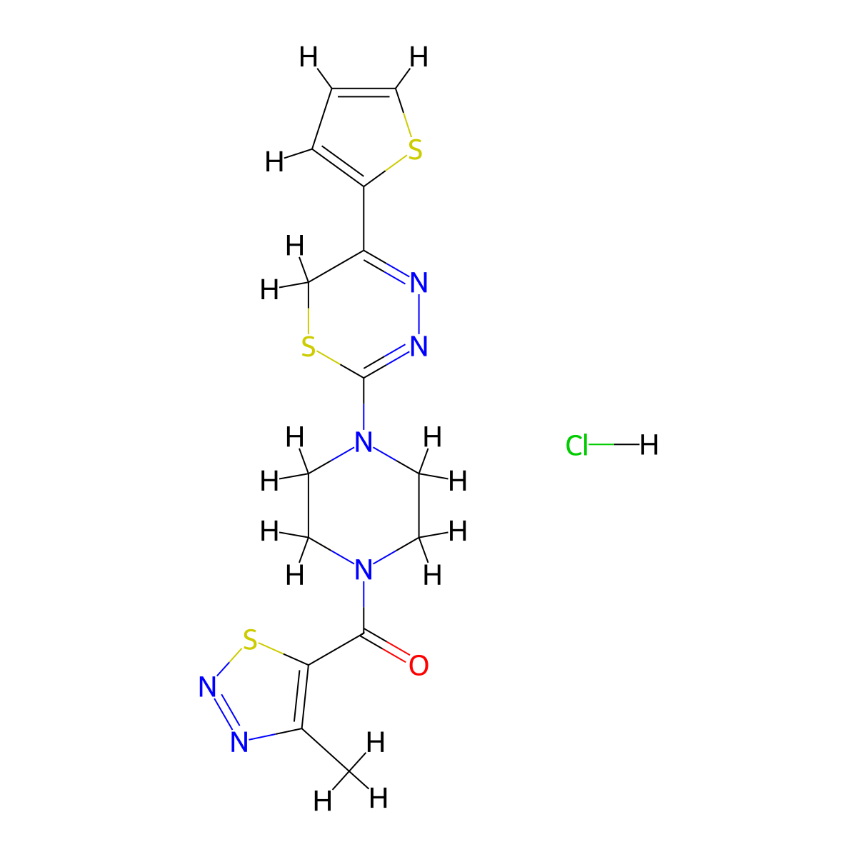 (4-methyl-1,2,3-thiadiazol-5-yl)(4-(5-(thiophen-2-yl)-6H-1,3,4-thiadiazin-2-yl)piperazin-1-yl)methanone hydrochloride molecular structure, CAS 1351620-87-5