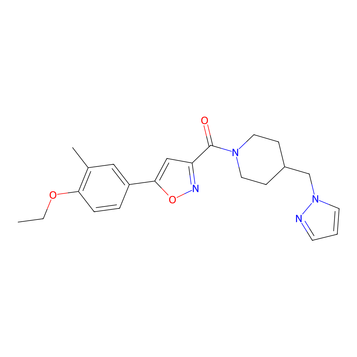 (4-((1H-pyrazol-1-yl)methyl)piperidin-1-yl)(5-(4-ethoxy-3-methylphenyl)isoxazol-3-yl)methanone molecular structure, CAS 1351620-93-3