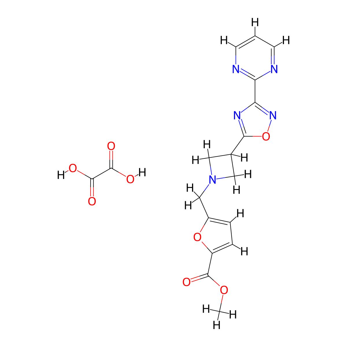 Methyl 5-((3-(3-(pyrimidin-2-yl)-1,2,4-oxadiazol-5-yl)azetidin-1-yl)methyl)furan-2-carboxylate oxalate molecular structure, CAS 1351621-17-4