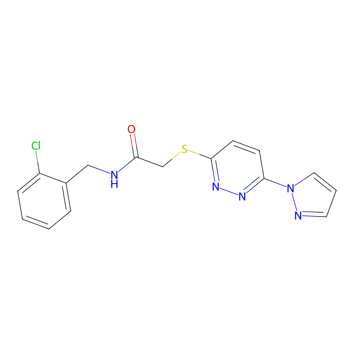 2-((6-(1H-pyrazol-1-yl)pyridazin-3-yl)thio)-N-(2-chlorobenzyl)acetamide molecular structure, CAS 1351621-24-3