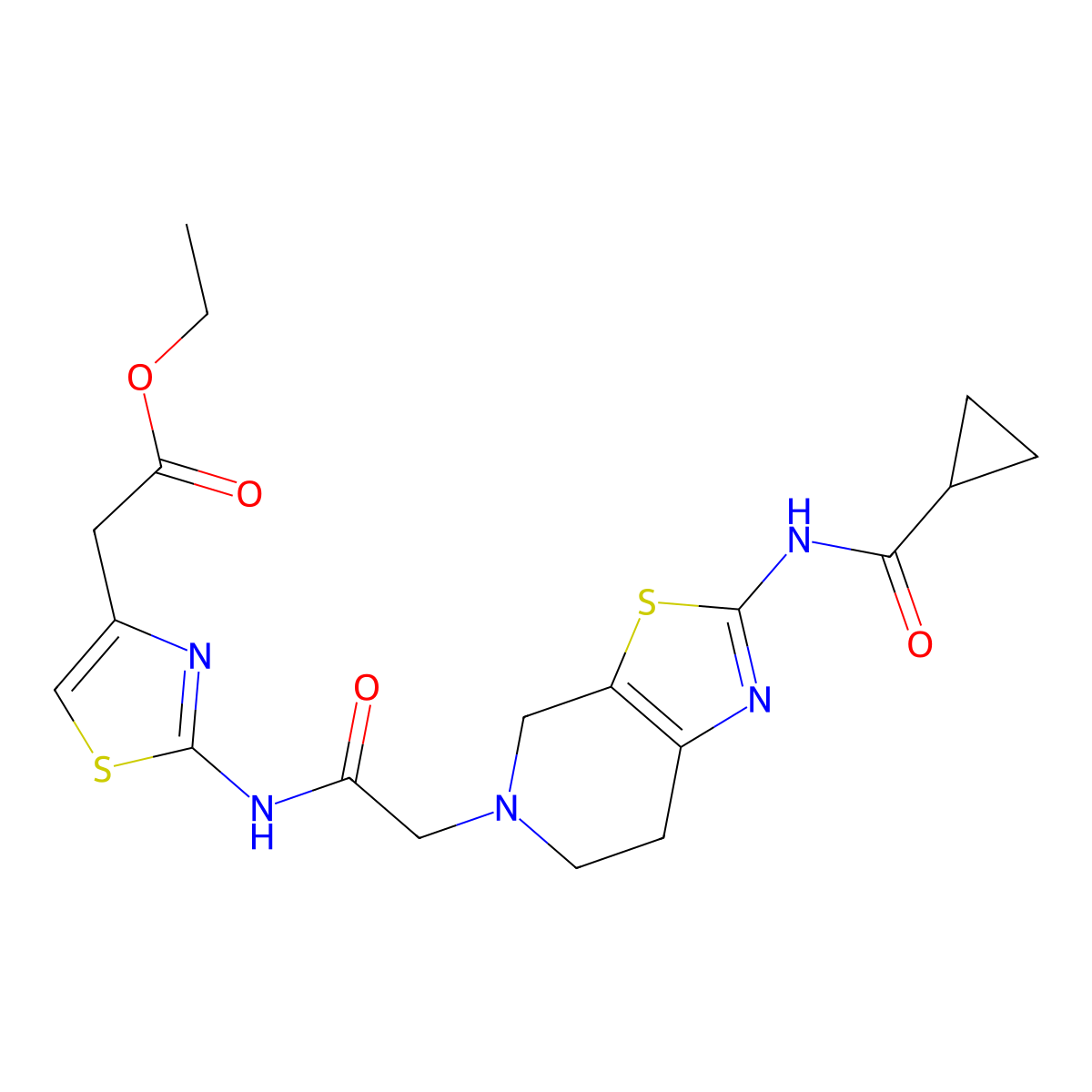 ethyl 2-(2-(2-(2-(cyclopropanecarboxamido)-6,7-dihydrothiazolo[5,4-c]pyridin-5(4H)-yl)acetamido)thiazol-4-yl)acetate molecular structure, CAS 1351621-25-4