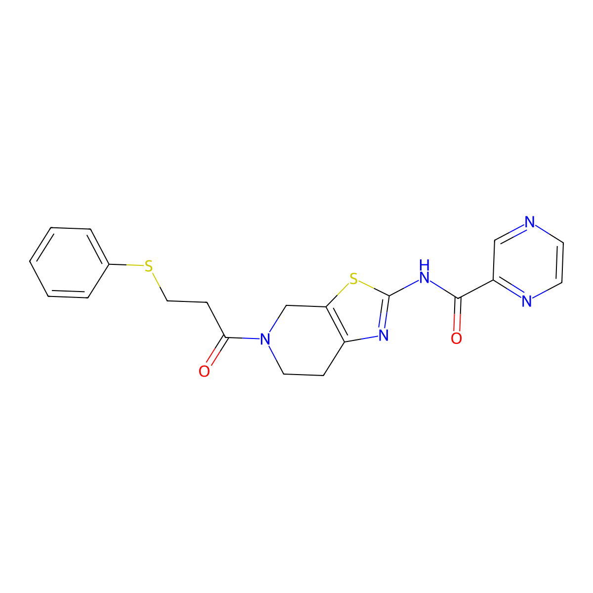 N-(5-(3-(phenylthio)propanoyl)-4,5,6,7-tetrahydrothiazolo[5,4-c]pyridin-2-yl)pyrazine-2-carboxamide molecular structure, CAS 1351621-38-9