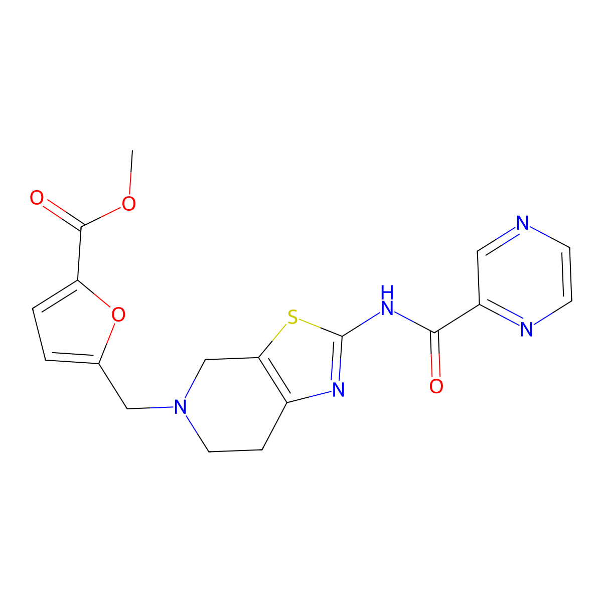 methyl 5-((2-(pyrazine-2-carboxamido)-6,7-dihydrothiazolo[5,4-c]pyridin-5(4H)-yl)methyl)furan-2-carboxylate molecular structure, CAS 1351621-42-5