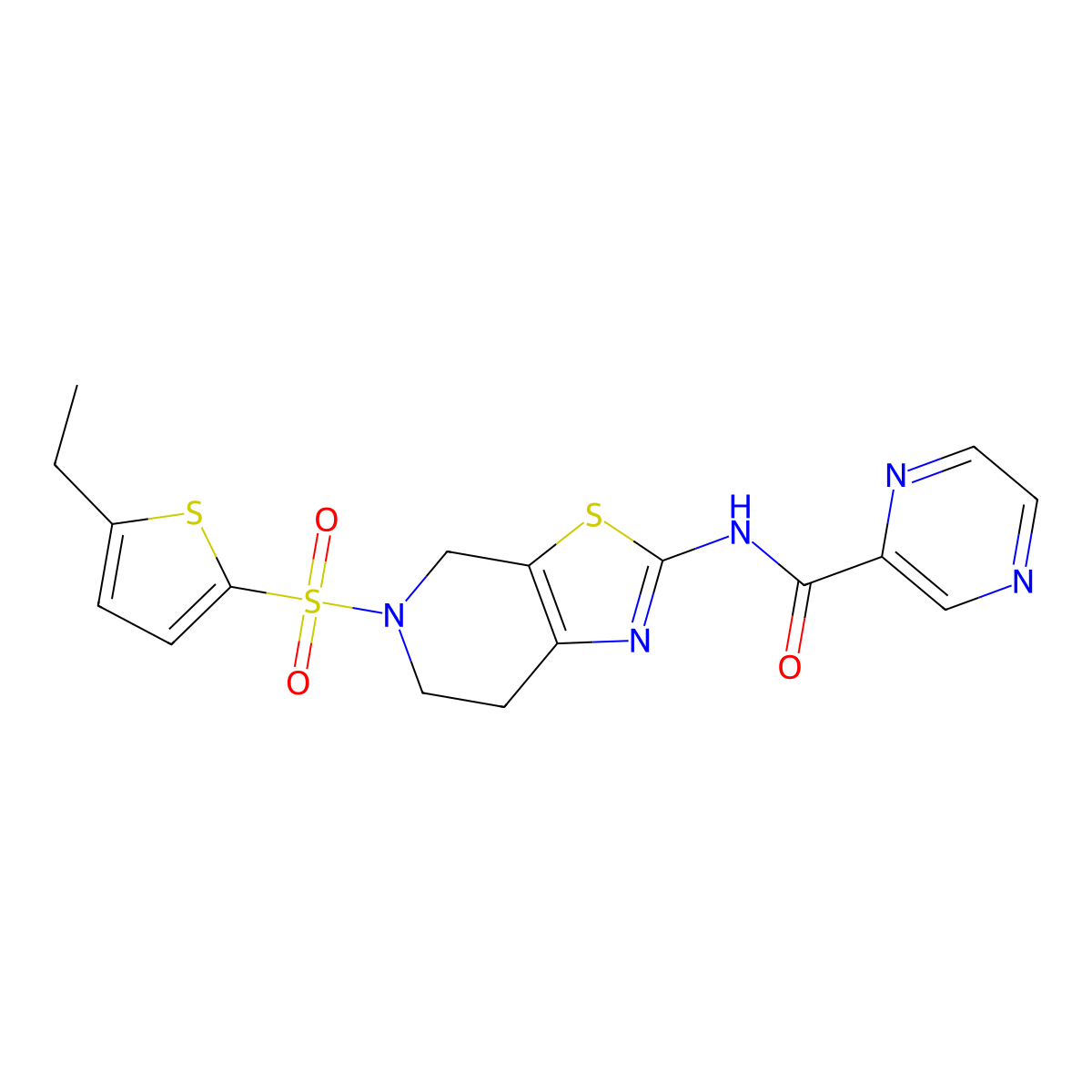 N-(5-((5-ethylthiophen-2-yl)sulfonyl)-4,5,6,7-tetrahydrothiazolo[5,4-c]pyridin-2-yl)pyrazine-2-carboxamide molecular structure, CAS 1351621-48-1