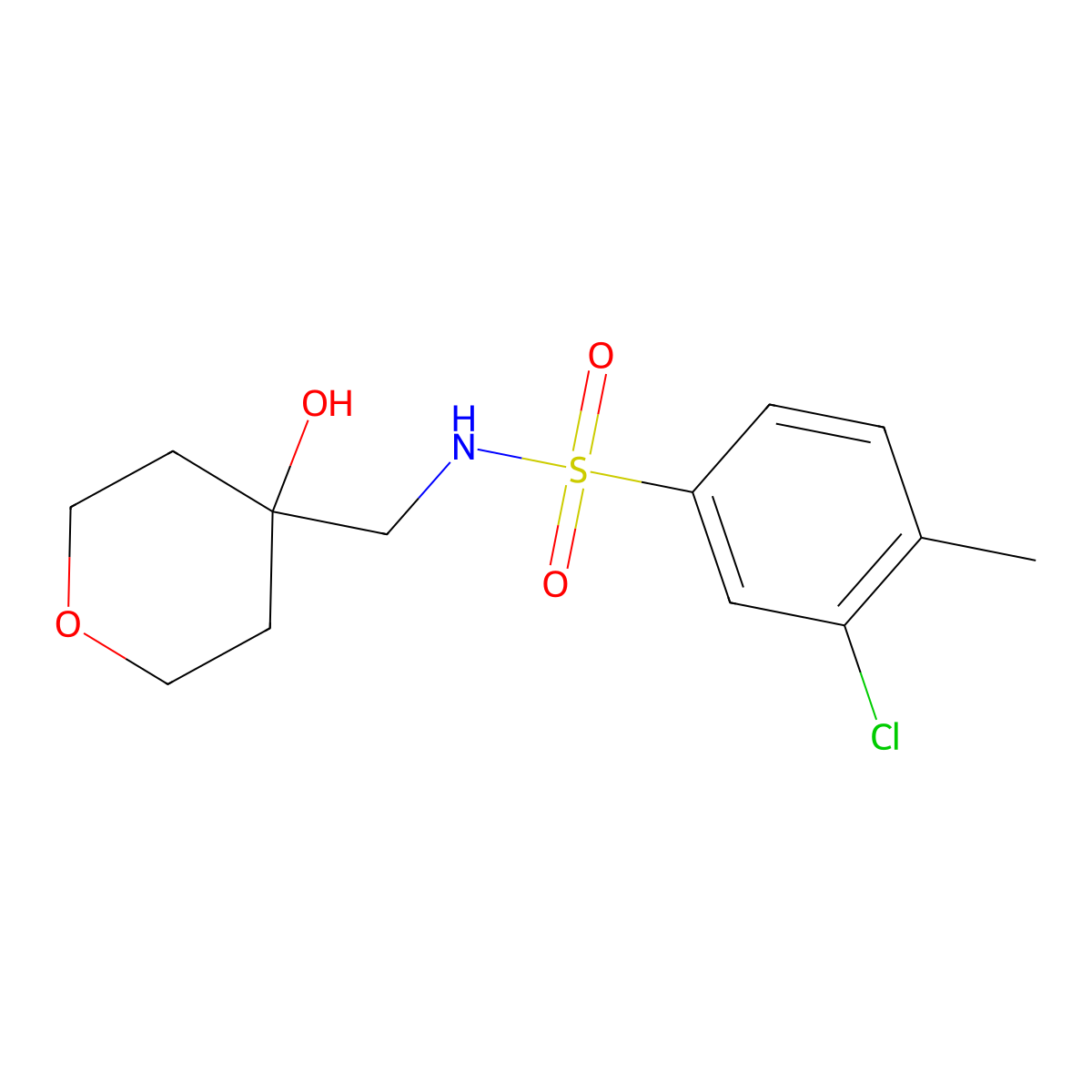 3-chloro-N-((4-hydroxytetrahydro-2H-pyran-4-yl)methyl)-4-methylbenzenesulfonamide molecular structure, CAS 1351621-50-5