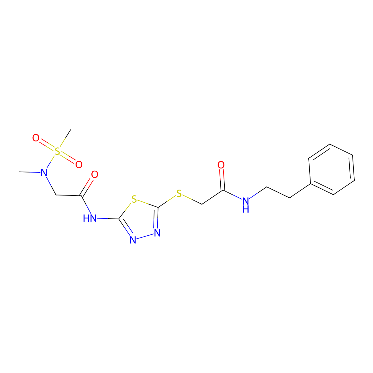 2-({5-[2-(N-methylmethanesulfonamido)acetamido]-1,3,4-thiadiazol-2-yl}sulfanyl)-N-(2-phenylethyl)acetamide molecular structure, CAS 1351621-83-4