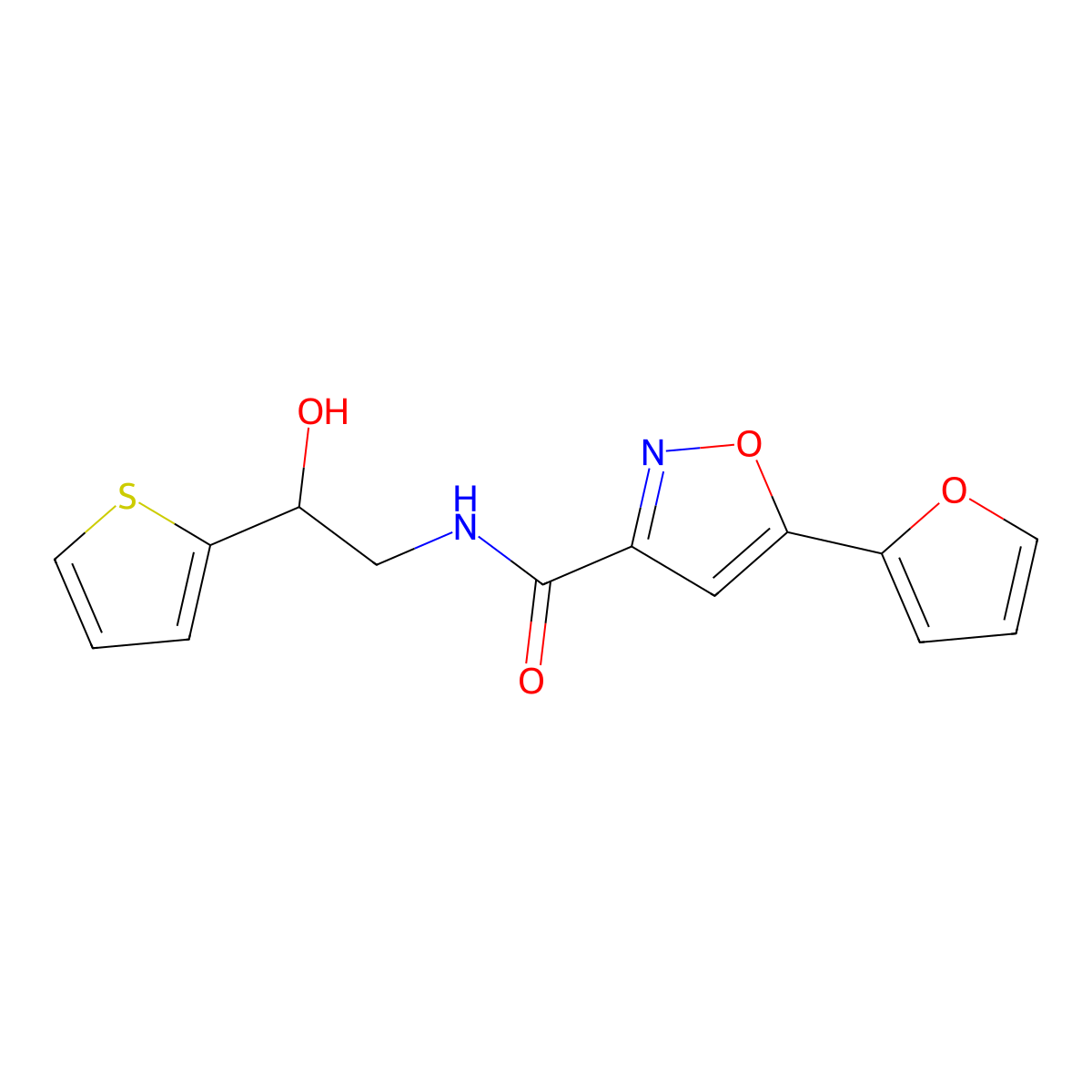 5-(furan-2-yl)-N-(2-hydroxy-2-(thiophen-2-yl)ethyl)isoxazole-3-carboxamide molecular structure, CAS 1351622-06-4