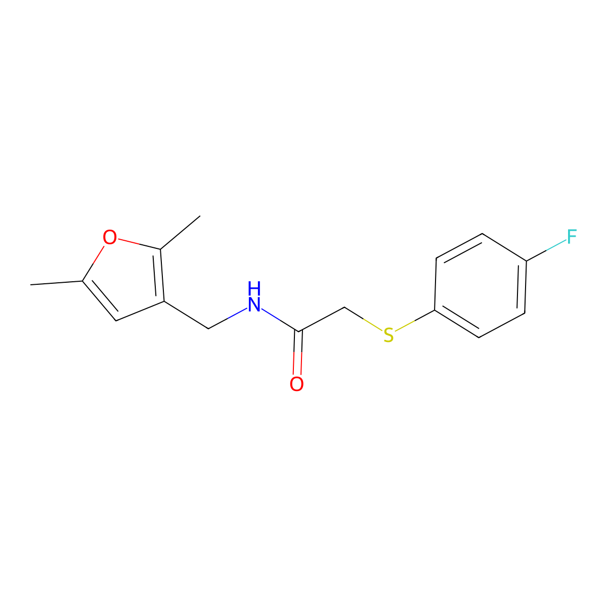 N-((2,5-dimethylfuran-3-yl)methyl)-2-((4-fluorophenyl)thio)acetamide molecular structure, CAS 1351622-13-3
