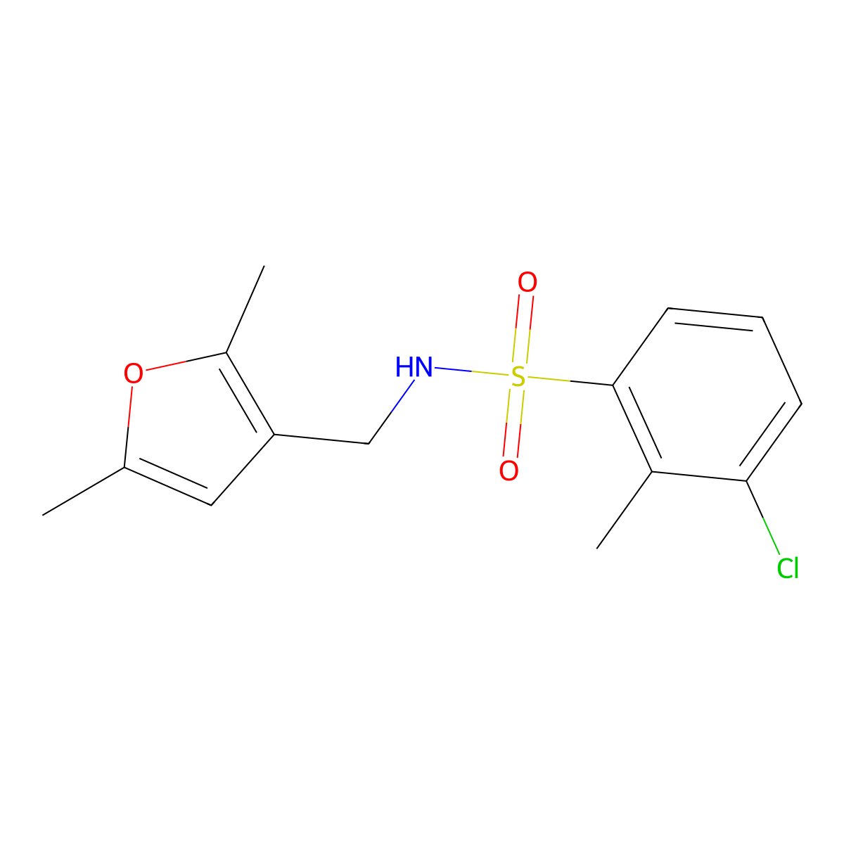3-chloro-N-((2,5-dimethylfuran-3-yl)methyl)-2-methylbenzenesulfonamide molecular structure, CAS 1351622-18-8