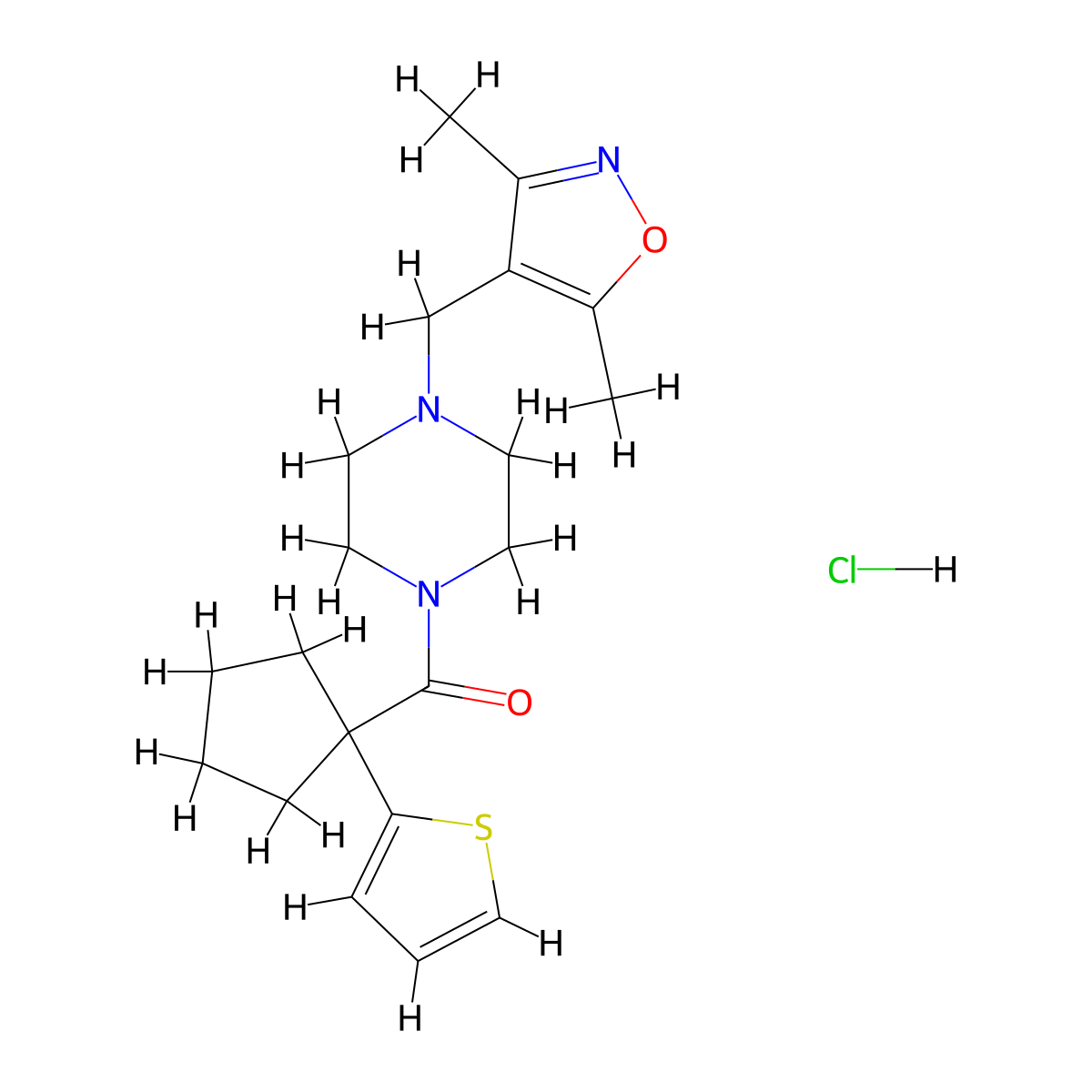 (4-((3,5-Dimethylisoxazol-4-yl)methyl)piperazin-1-yl)(1-(thiophen-2-yl)cyclopentyl)methanone hydrochloride molecular structure, CAS 1351622-30-4
