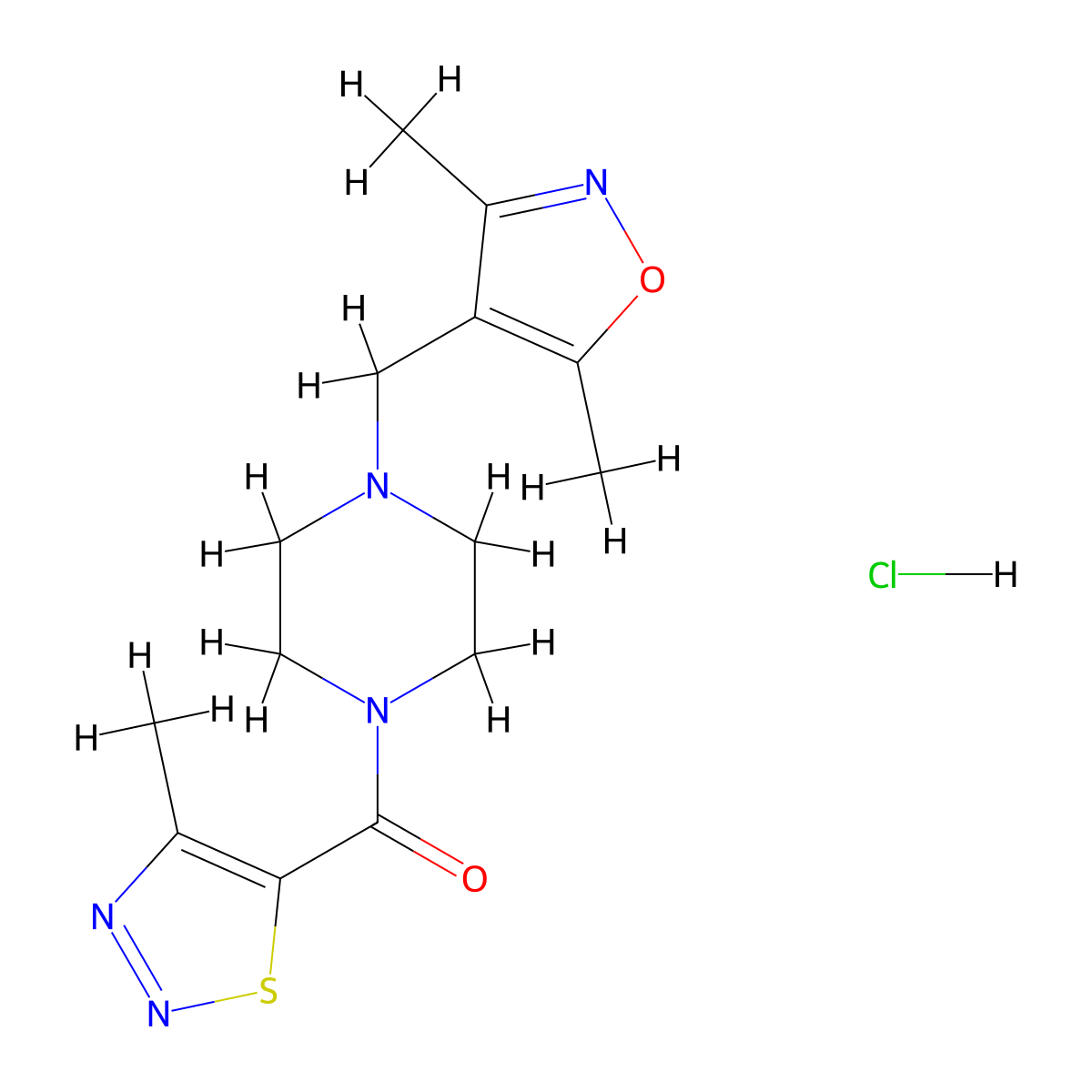 (4-((3,5-Dimethylisoxazol-4-yl)methyl)piperazin-1-yl)(4-methyl-1,2,3-thiadiazol-5-yl)methanone hydrochloride molecular structure, CAS 1351622-32-6