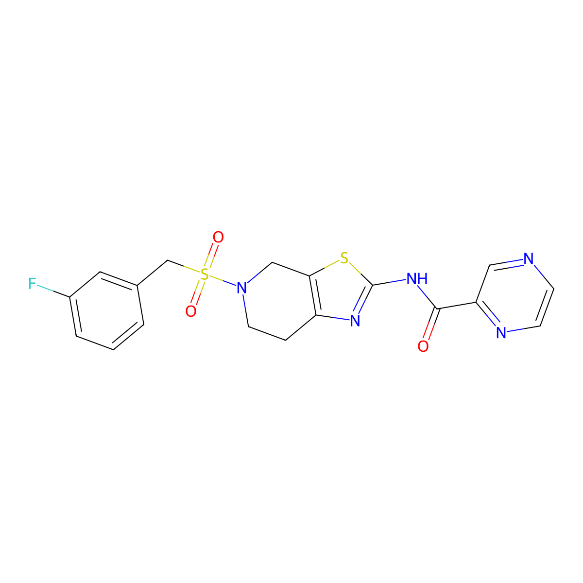 N-(5-((3-fluorobenzyl)sulfonyl)-4,5,6,7-tetrahydrothiazolo[5,4-c]pyridin-2-yl)pyrazine-2-carboxamide molecular structure, CAS 1351622-43-9