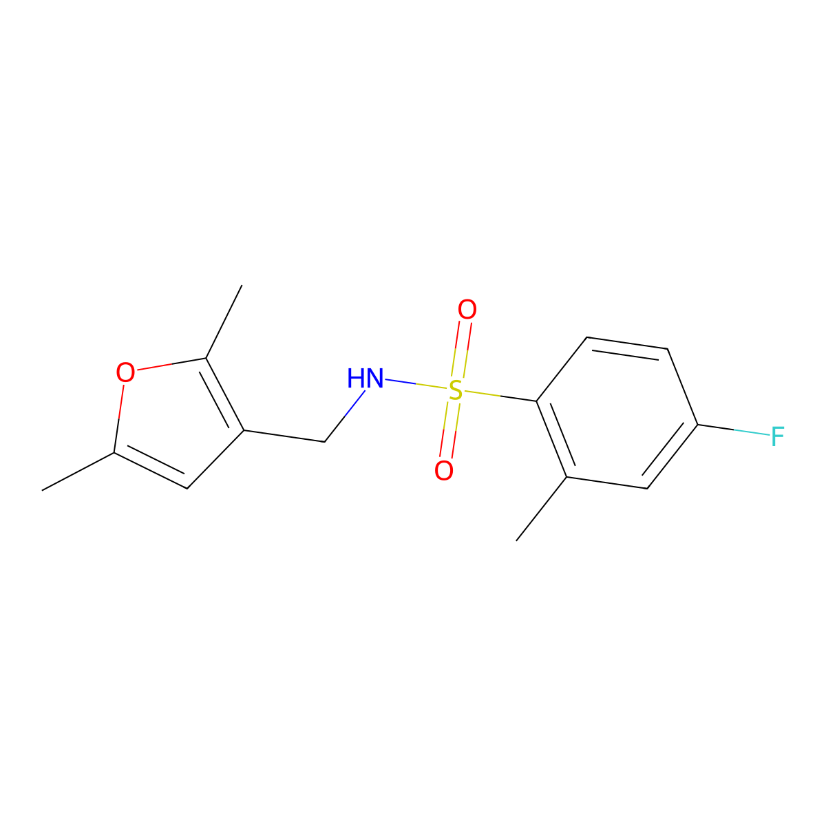 N-((2,5-dimethylfuran-3-yl)methyl)-4-fluoro-2-methylbenzenesulfonamide molecular structure, CAS 1351622-44-0