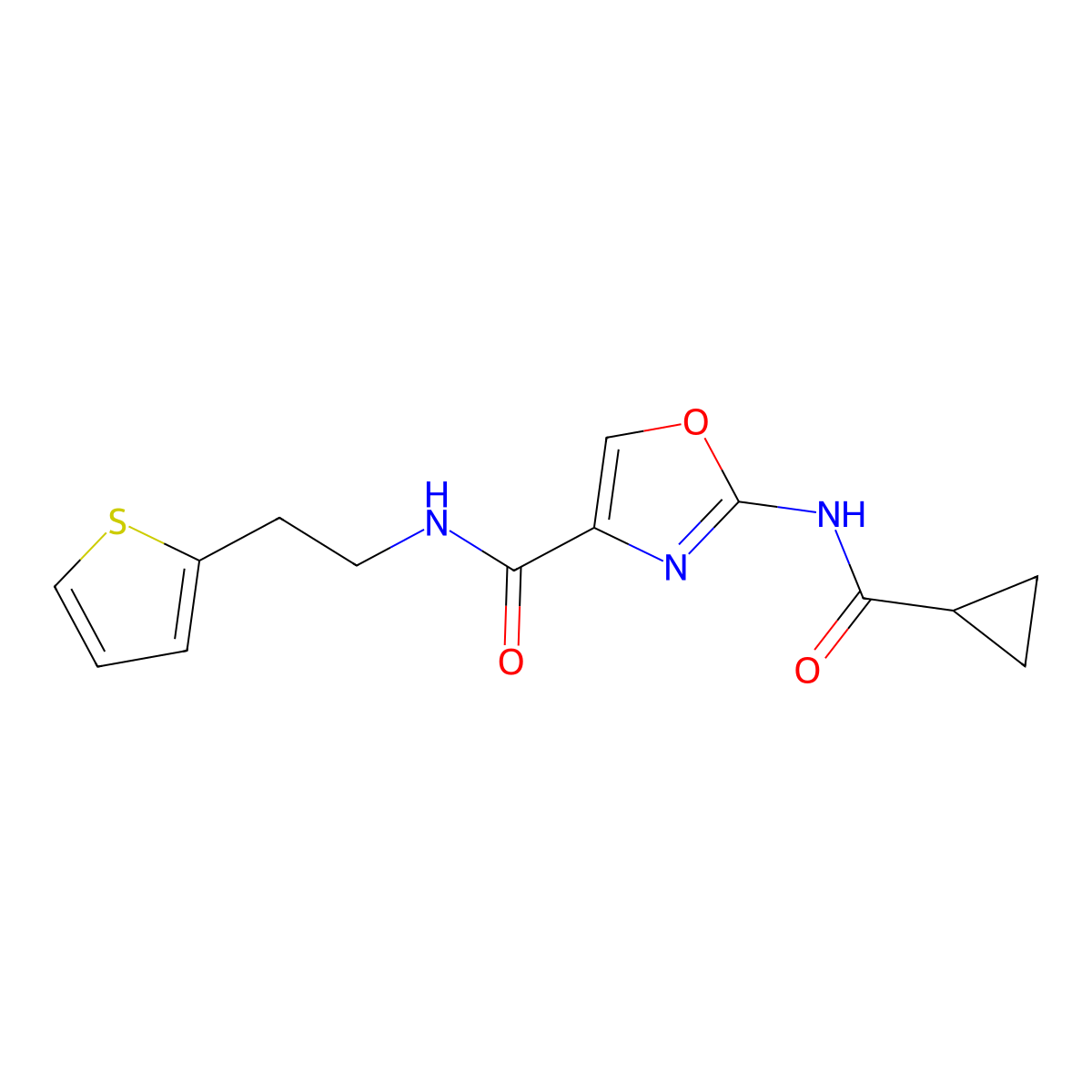 2-(cyclopropanecarboxamido)-N-(2-(thiophen-2-yl)ethyl)oxazole-4-carboxamide molecular structure, CAS 1351622-46-2