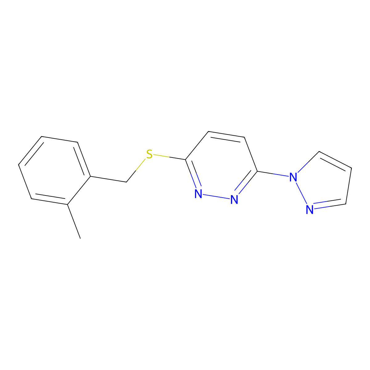 3-((2-methylbenzyl)thio)-6-(1H-pyrazol-1-yl)pyridazine molecular structure, CAS 1351622-49-5
