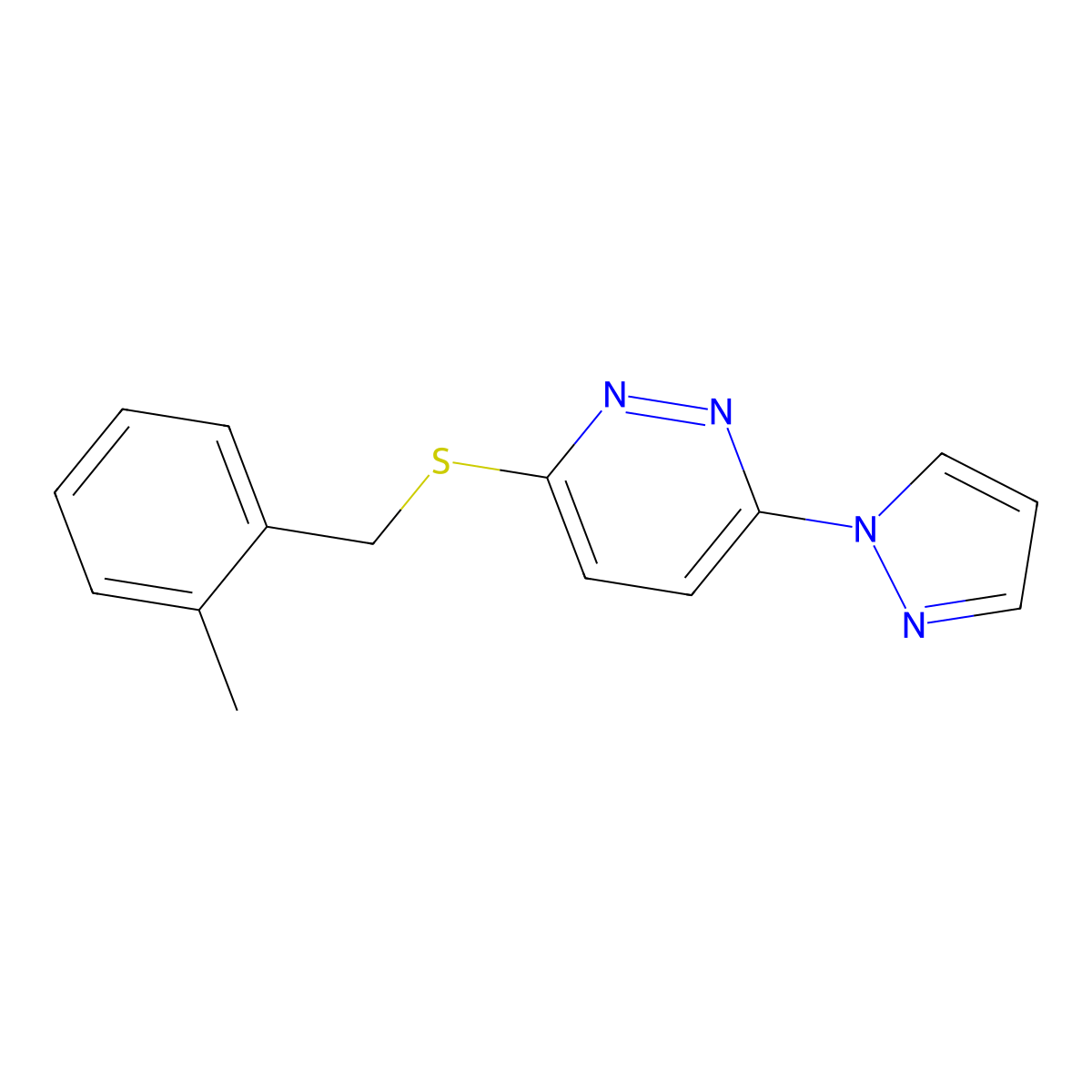 3-((2-methylbenzyl)thio)-6-(1H-pyrazol-1-yl)pyridazine molecular structure, CAS 1351622-49-5