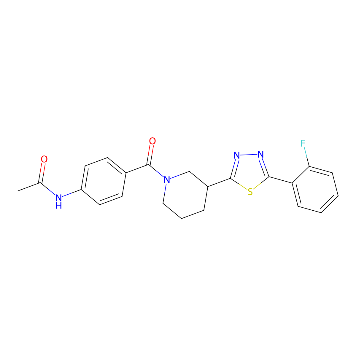 N-(4-(3-(5-(2-fluorophenyl)-1,3,4-thiadiazol-2-yl)piperidine-1-carbonyl)phenyl)acetamide molecular structure, CAS 1351622-77-9