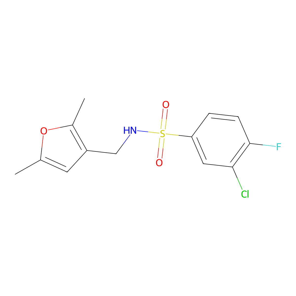 3-chloro-N-((2,5-dimethylfuran-3-yl)methyl)-4-fluorobenzenesulfonamide molecular structure, CAS 1351623-04-5