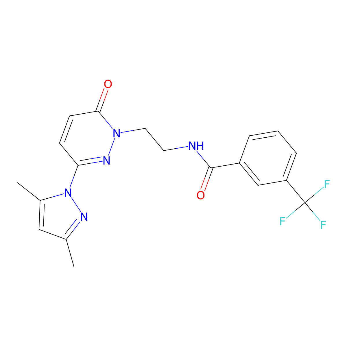 N-(2-(3-(3,5-dimethyl-1H-pyrazol-1-yl)-6-oxopyridazin-1(6H)-yl)ethyl)-3-(trifluoromethyl)benzamide molecular structure, CAS 1351623-06-7