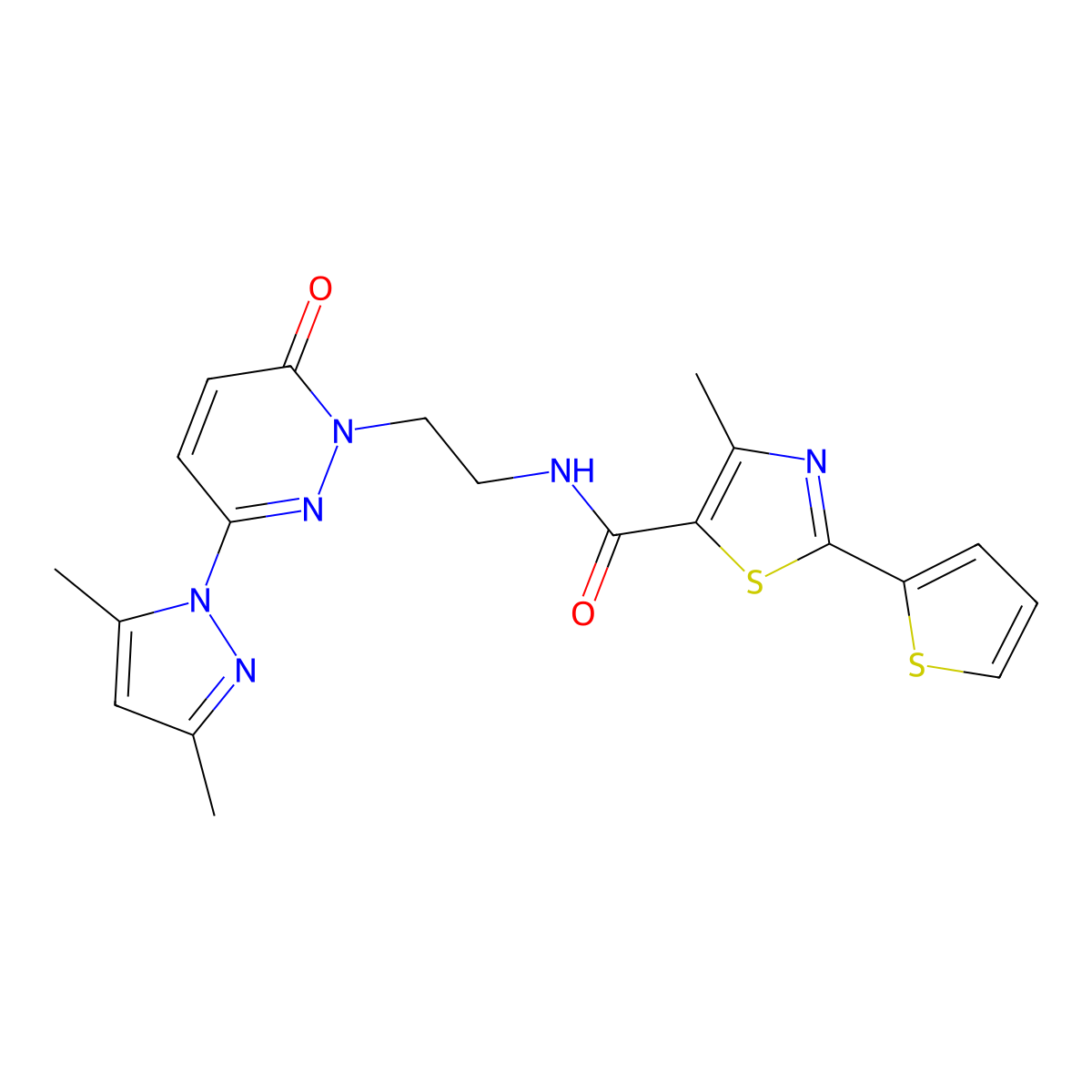 N-(2-(3-(3,5-dimethyl-1H-pyrazol-1-yl)-6-oxopyridazin-1(6H)-yl)ethyl)-4-methyl-2-(thiophen-2-yl)thiazole-5-carboxamide molecular structure, CAS 1351623-13-6