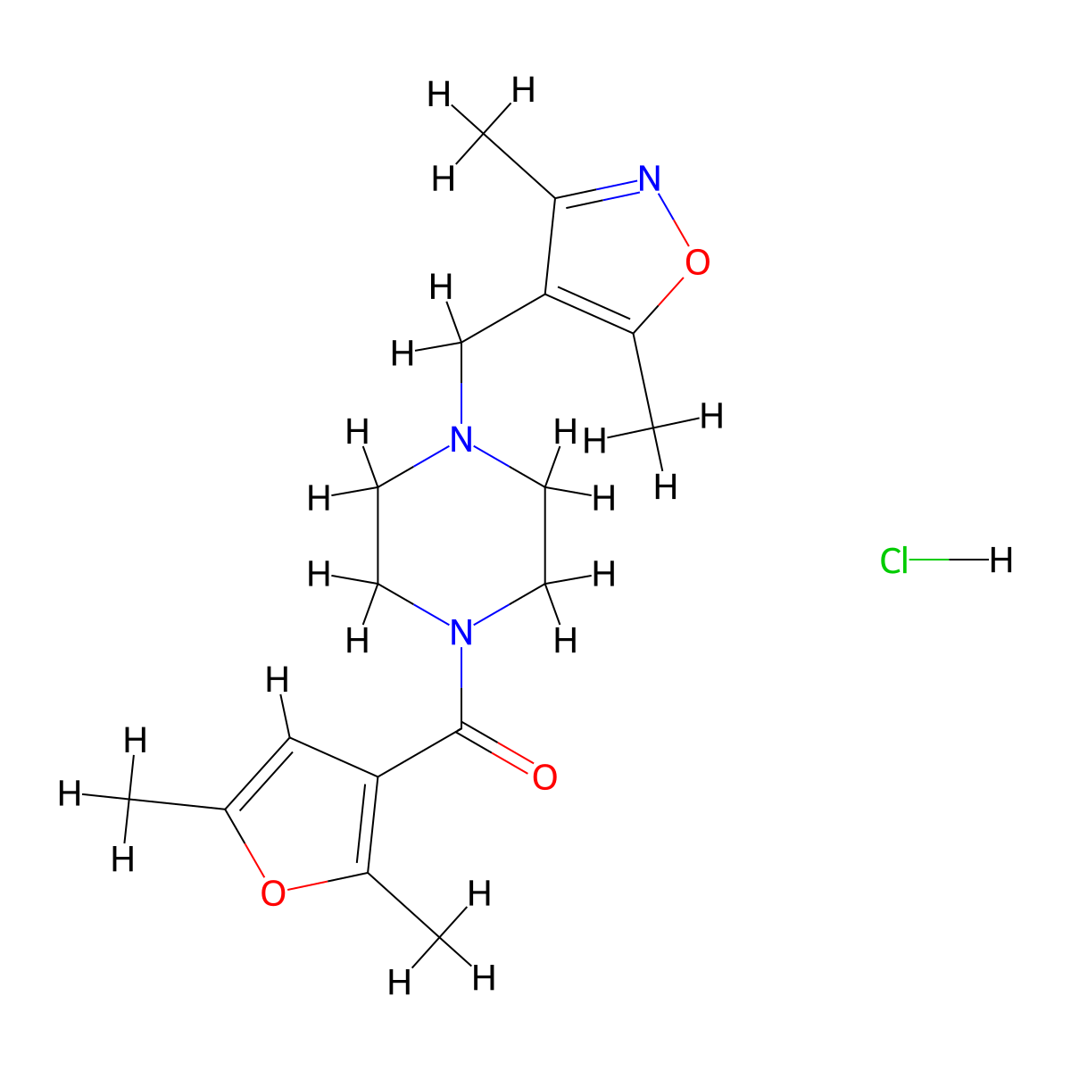 (2,5-Dimethylfuran-3-yl)(4-((3,5-dimethylisoxazol-4-yl)methyl)piperazin-1-yl)methanone hydrochloride molecular structure, CAS 1351623-28-3