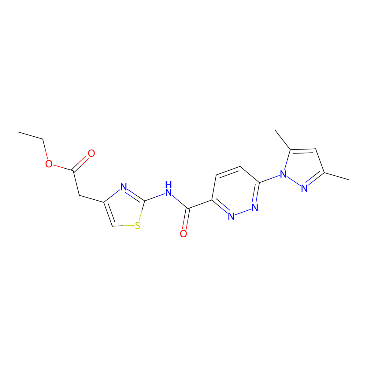 ethyl 2-(2-(6-(3,5-dimethyl-1H-pyrazol-1-yl)pyridazine-3-carboxamido)thiazol-4-yl)acetate molecular structure, CAS 1351623-37-4