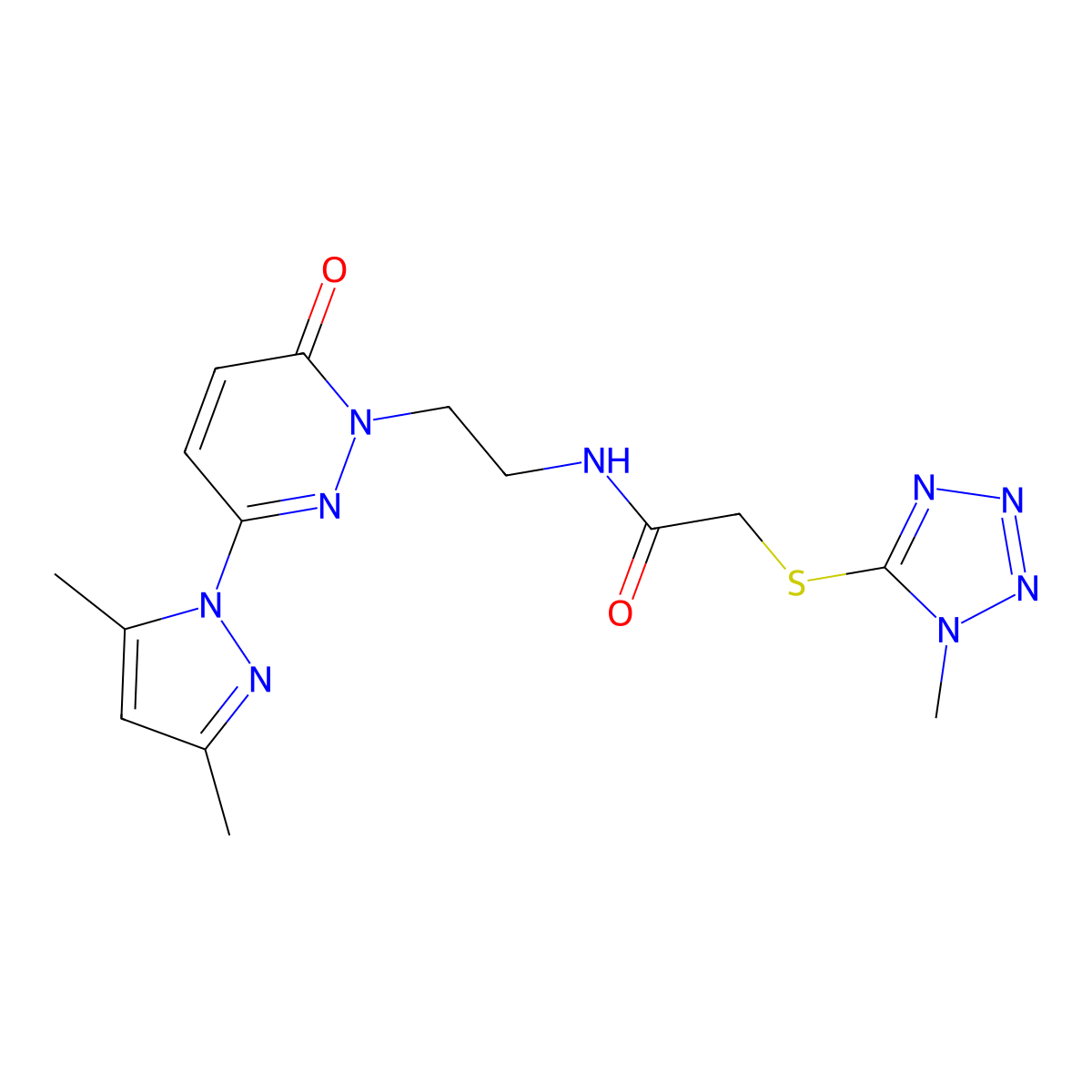 N-(2-(3-(3,5-dimethyl-1H-pyrazol-1-yl)-6-oxopyridazin-1(6H)-yl)ethyl)-2-((1-methyl-1H-tetrazol-5-yl)thio)acetamide molecular structure, CAS 1351630-30-2