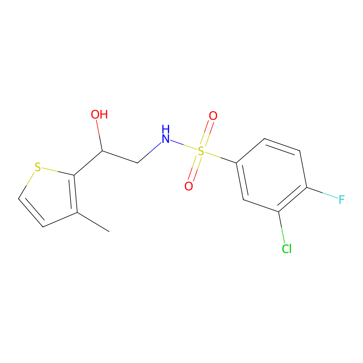 3-chloro-4-fluoro-N-(2-hydroxy-2-(3-methylthiophen-2-yl)ethyl)benzenesulfonamide molecular structure, CAS 1351630-33-5