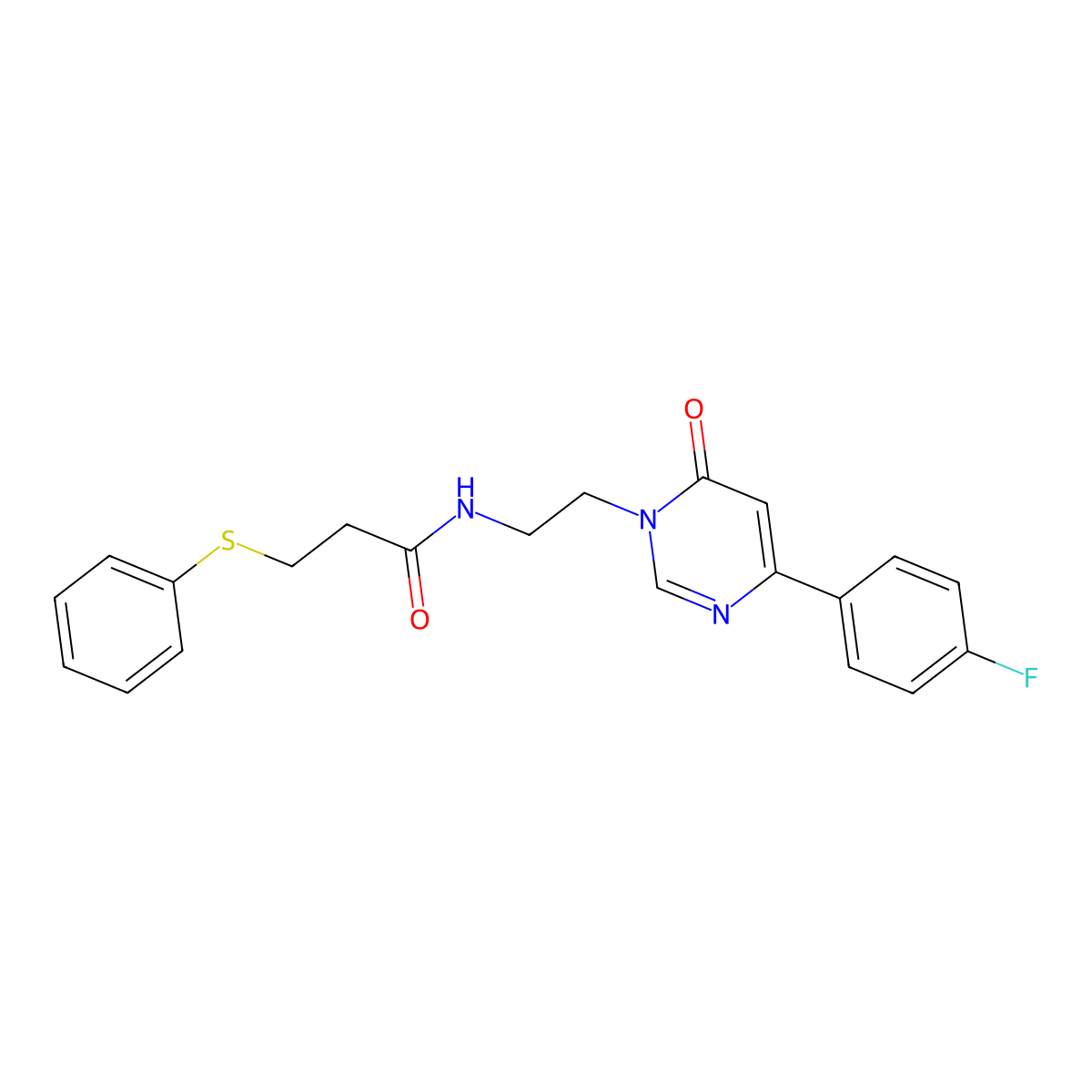 N-(2-(4-(4-fluorophenyl)-6-oxopyrimidin-1(6H)-yl)ethyl)-3-(phenylthio)propanamide molecular structure, CAS 1351630-60-8