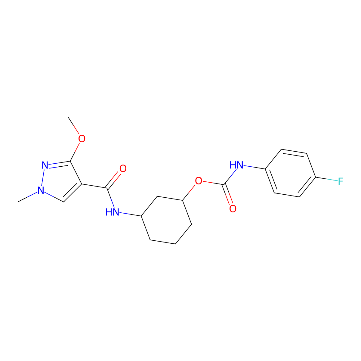 3-(3-methoxy-1-methyl-1H-pyrazole-4-carboxamido)cyclohexyl (4-fluorophenyl)carbamate molecular structure, CAS 1351630-67-5